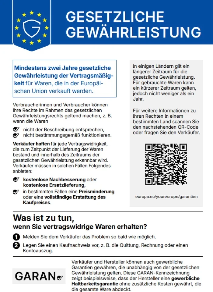 Informationsblatt zur gesetzlichen Gewährleistung für Waren, die in der Europäischen Union verkauft werden
